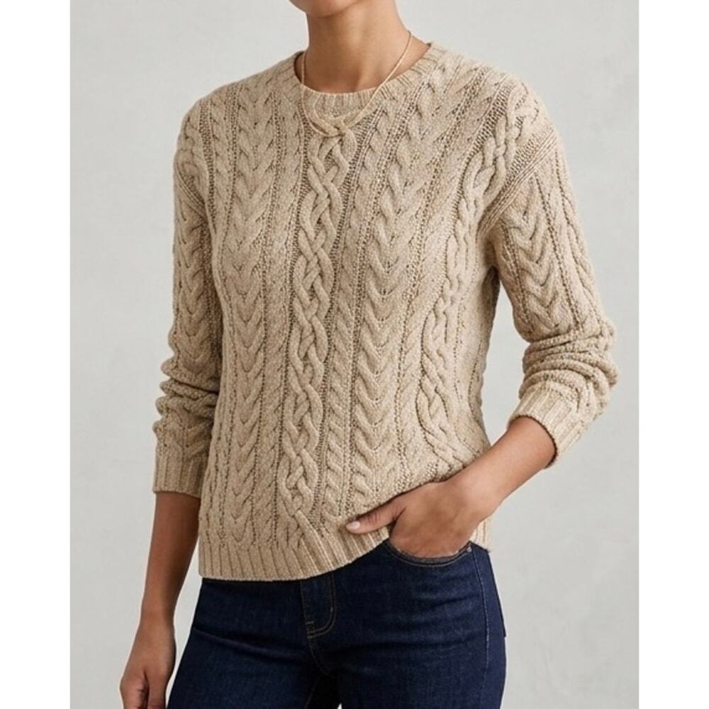 J. Crew Fisherman Sweater Womens XS Beige Cable Knit Linen Cotton Blend Crewneck